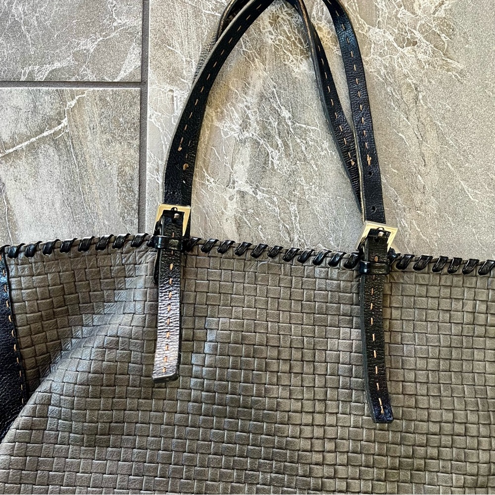 🖤🩶 Carla Mancini Large Leather Woven Tote Bag Purse Black Grey Whipstitch - Picture 14 of 15